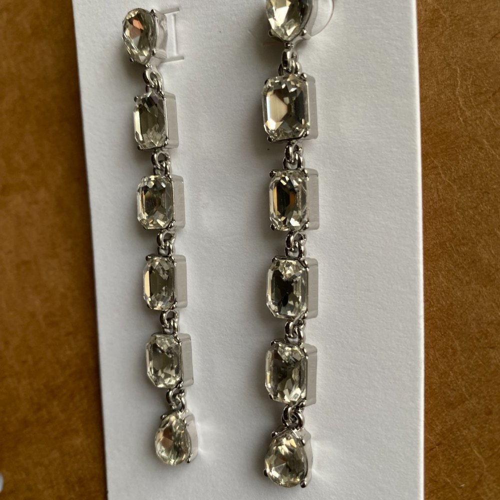 J Crew Factory Crystal Drop Earrings Clear Silver Dangle Statement New JCrew - Picture 3 of 5
